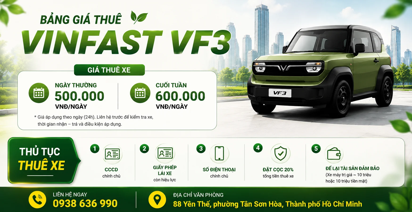 Giá thuê xe VF3 tự lái tại TP.HCM chỉ từ 500.000đ/ngày.