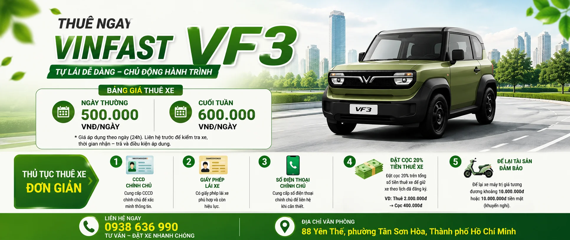Bảng giá thuê xe điện tự lái VF3 HCM