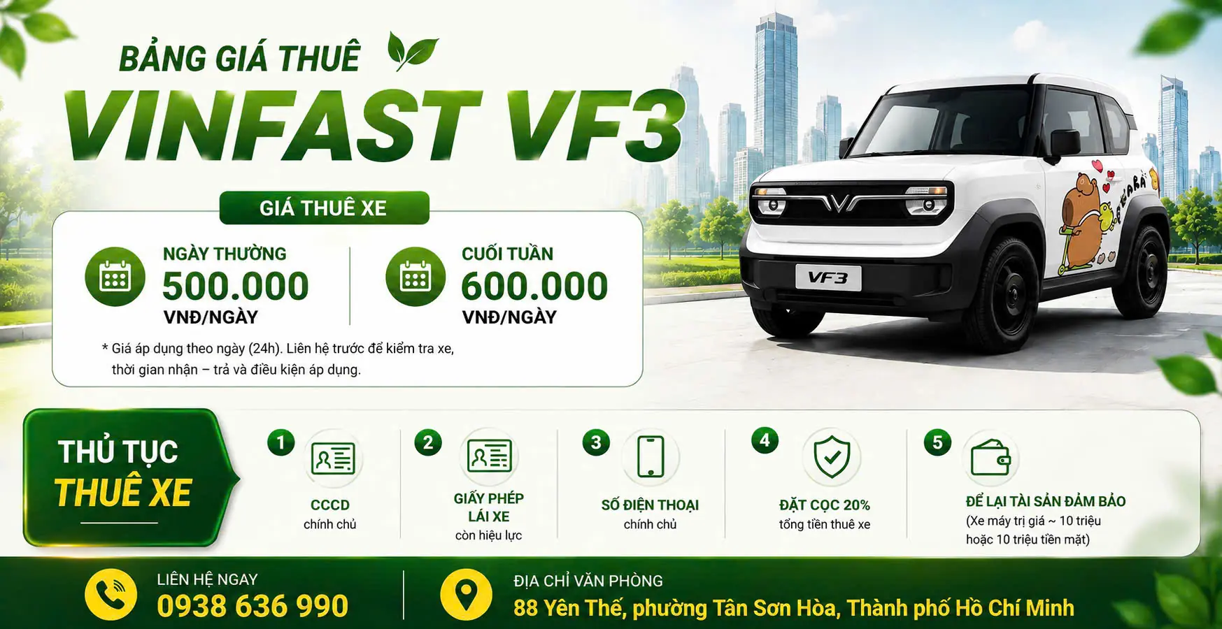 Bảng giá thuê xe điện tự lái VF3 HCM